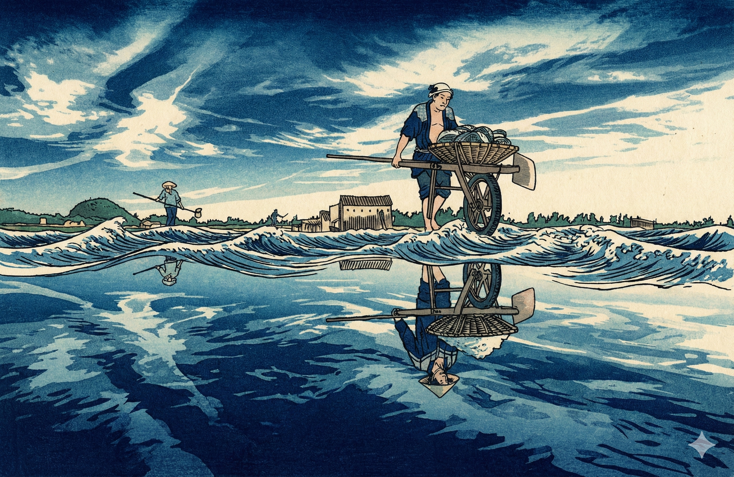 荒れ狂う波間の漁村浮世絵